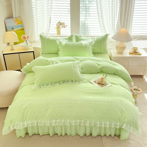 奶油風四件套全水洗棉ins被套床單公主風床裙款少女心淺綠色床品4