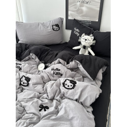 少女ins黑色可愛貓咪毛巾綉水洗棉四件套床單學生宿捨三件套床包