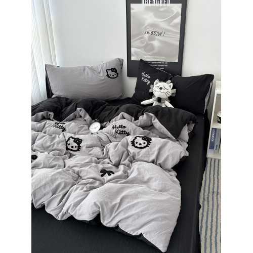 少女ins黑色可愛貓咪毛巾綉水洗棉四件套床單學生宿捨三件套床包