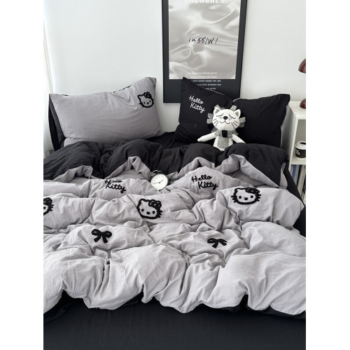 少女ins黑色可愛貓咪毛巾綉水洗棉四件套床單學生宿捨三件套床包