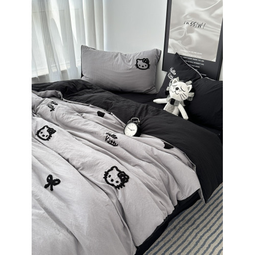 少女ins黑色可愛貓咪毛巾綉水洗棉四件套床單學生宿捨三件套床包