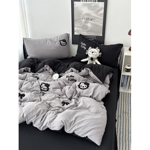 少女ins黑色可愛貓咪毛巾綉水洗棉四件套床單學生宿捨三件套床包