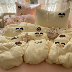 新款混搭博主風ins大耳兔毛巾綉水洗棉四件套床單學生三件套床包