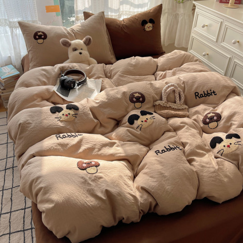 新款混搭博主風ins大耳兔毛巾綉水洗棉四件套床單學生三件套床包