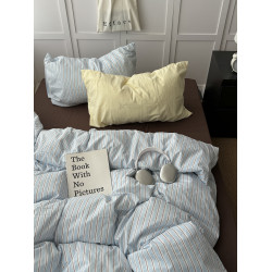 少女ins文藝海鹽藍混搭條紋水洗棉四件套全棉床單被套宿捨三件套