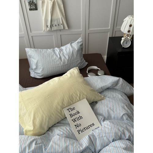 少女ins文藝海鹽藍混搭條紋水洗棉四件套全棉床單被套宿捨三件套