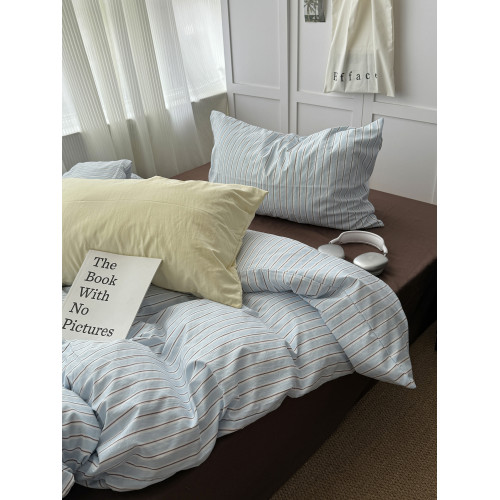 少女ins文藝海鹽藍混搭條紋水洗棉四件套全棉床單被套宿捨三件套