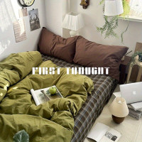 牛油果純色復古格子床上四件套水洗棉床單被套學生宿捨單人三件套