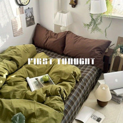 牛油果純色復古格子床上四件套水洗棉床單被套學生宿捨單人三件套
