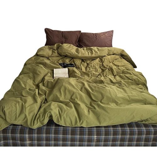 牛油果純色復古格子床上四件套水洗棉床單被套學生宿捨單人三件套