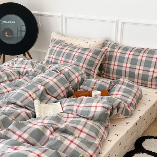 牛油果純色復古格子床上四件套水洗棉床單被套學生宿捨單人三件套