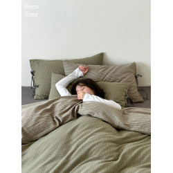 秋新復古色織格子A類純棉四件套蝴蝶結綁帶芥末綠色被套床單床品