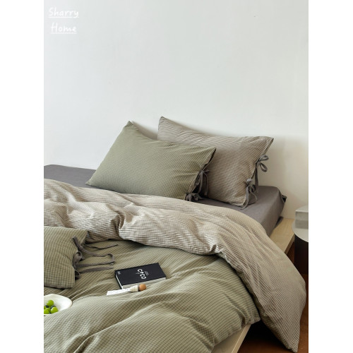 秋新復古色織格子A類純棉四件套蝴蝶結綁帶芥末綠色被套床單床品