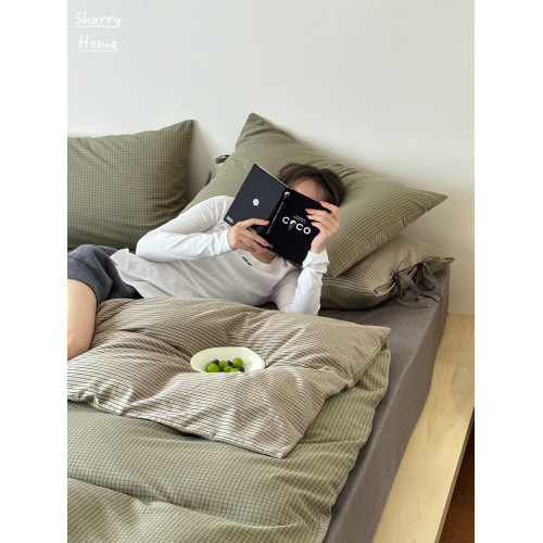 秋新復古色織格子A類純棉四件套蝴蝶結綁帶芥末綠色被套床單床品