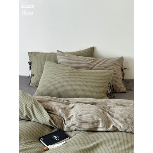 秋新復古色織格子A類純棉四件套蝴蝶結綁帶芥末綠色被套床單床品