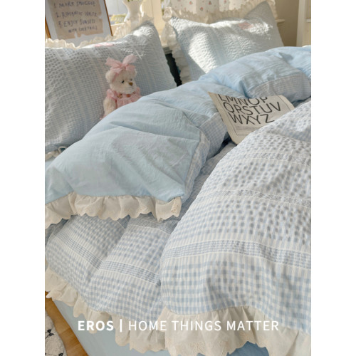 EROS自製︱ins韓式水洗棉床上四件套公主風花邊床單被罩三件套