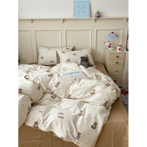 ins韓系奶油小熊純棉四件套可愛親膚全棉被套學生三件套床單床包