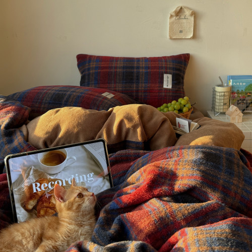 【花臉貓】落日橘海！秋冬加厚博主風牛奶絨柔軟仿羊毛絨四件套