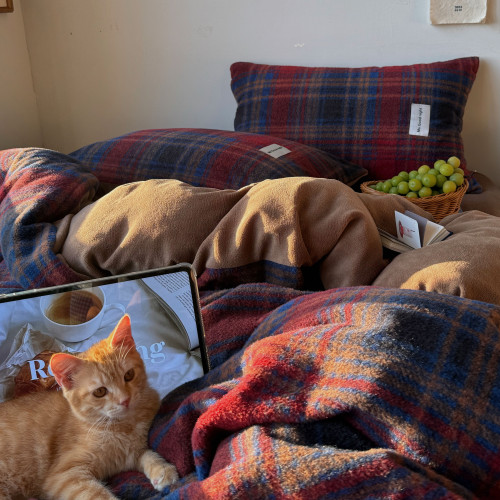 【花臉貓】落日橘海！秋冬加厚博主風牛奶絨柔軟仿羊毛絨四件套