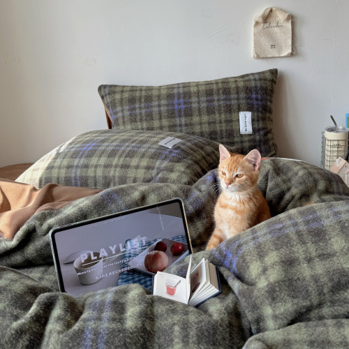 【花臉貓】落日橘海！秋冬加厚博主風牛奶絨柔軟仿羊毛絨四件套