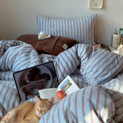 【花臉貓】慵懶海灣！秋冬博主風條紋牛奶絨親膚柔軟小清新四件套