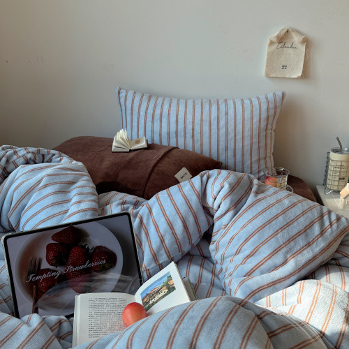 【花臉貓】慵懶海灣！秋冬博主風條紋牛奶絨親膚柔軟小清新四件套