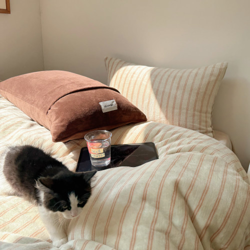 【花臉貓】慵懶海灣！秋冬博主風條紋牛奶絨親膚柔軟小清新四件套