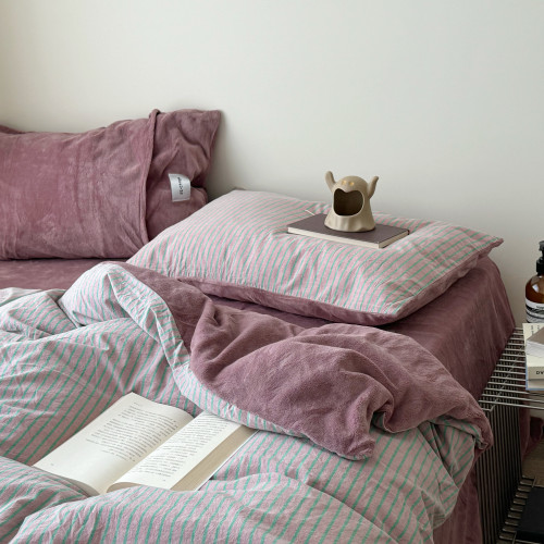 【花臉貓】棉加絨！秋冬少女心親膚柔軟牛奶絨純棉全棉條紋四件套