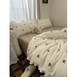 韓系花邊ins少女心蝴蝶結保暖牛奶絨四件套加厚珊瑚絨三件套床包