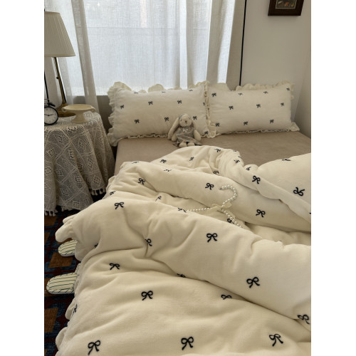 韓系花邊ins少女心蝴蝶結保暖牛奶絨四件套加厚珊瑚絨三件套床包