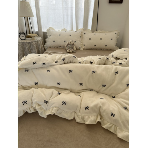 韓系花邊ins少女心蝴蝶結保暖牛奶絨四件套加厚珊瑚絨三件套床包