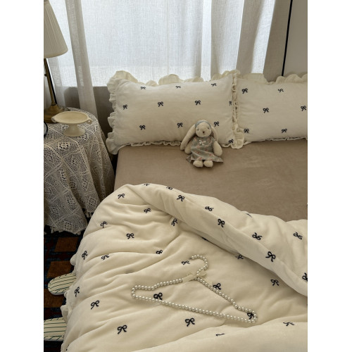 韓系花邊ins少女心蝴蝶結保暖牛奶絨四件套加厚珊瑚絨三件套床包