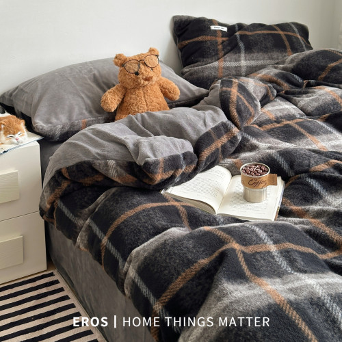 EROS自製︱雅致仿羊絨拼牛奶絨四件套秋冬加厚高克重ins格紋被套