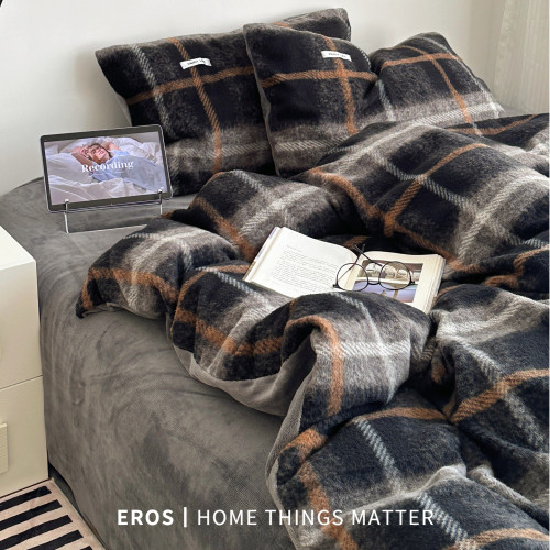 EROS自製︱雅致仿羊絨拼牛奶絨四件套秋冬加厚高克重ins格紋被套