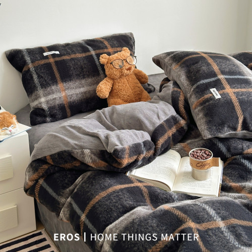 EROS自製︱雅致仿羊絨拼牛奶絨四件套秋冬加厚高克重ins格紋被套
