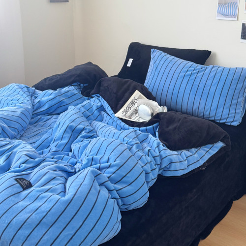 【花臉貓】假日冰島！秋冬博主風條紋慵懶加厚牛奶絨親膚四件套