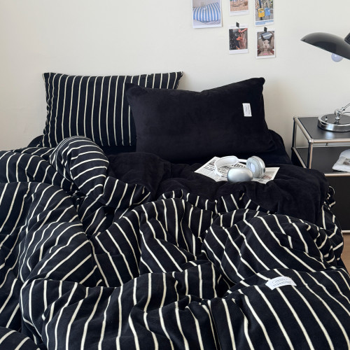 【花臉貓】假日冰島！秋冬博主風條紋慵懶加厚牛奶絨親膚四件套