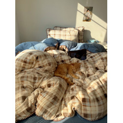 韓裡韓氣美拉德格子牛奶絨保暖四件套保暖雙面珊瑚絨被套床單床包