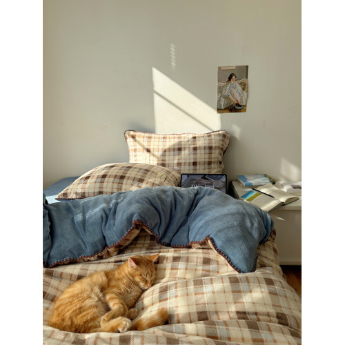 韓裡韓氣美拉德格子牛奶絨保暖四件套保暖雙面珊瑚絨被套床單床包