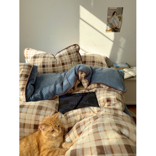 韓裡韓氣美拉德格子牛奶絨保暖四件套保暖雙面珊瑚絨被套床單床包