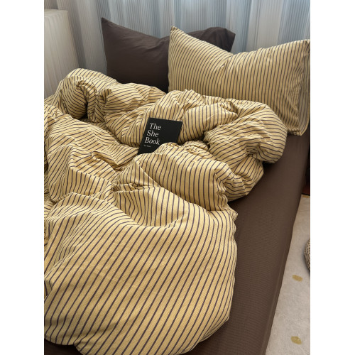 ins中古風咖色條紋純棉四件套混搭被套床單學生三件套全棉床包1.8