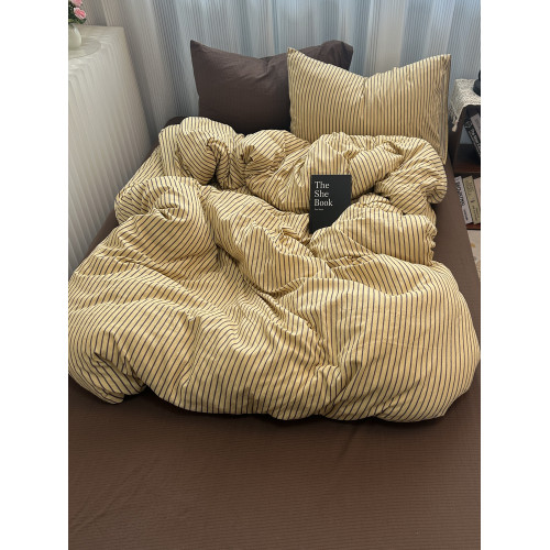 ins中古風咖色條紋純棉四件套混搭被套床單學生三件套全棉床包1.8