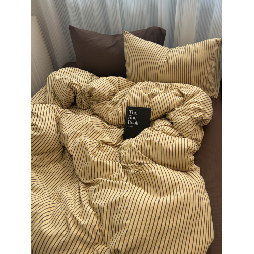 ins中古風咖色條紋純棉四件套混搭被套床單學生三件套全棉床包1.8