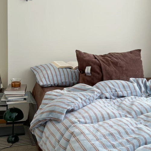 韓系簡約赫爾曼條紋牛奶絨四件套蓄熱保暖秋冬床上三件套被套床包