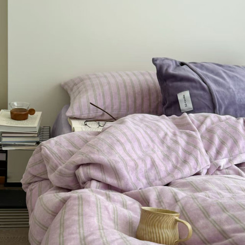 韓系簡約赫爾曼條紋牛奶絨四件套蓄熱保暖秋冬床上三件套被套床包