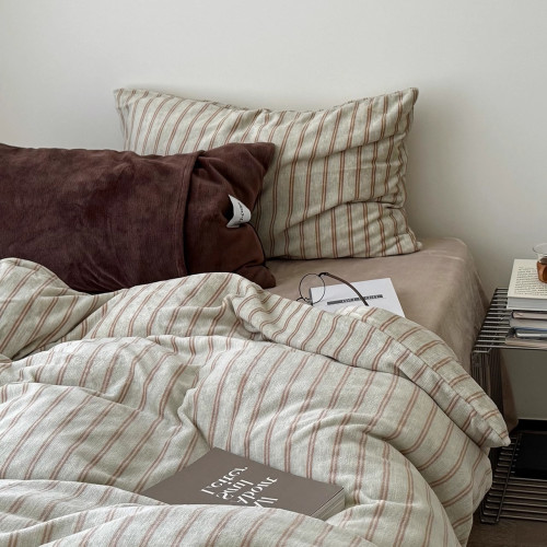 韓系簡約赫爾曼條紋牛奶絨四件套蓄熱保暖秋冬床上三件套被套床包