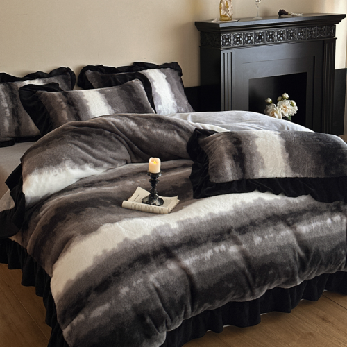 小紅書推薦赫本風輕奢兔毛絨床上四件套加絨加厚牛奶絨花邊被套A