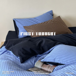 克萊因藍色條紋水洗棉床上四件套高級簡約床單被套學生宿捨三件套