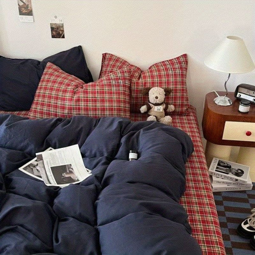 克萊因藍色條紋水洗棉床上四件套高級簡約床單被套學生宿捨三件套