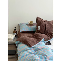 YAKEHOME【夢境邊緣】復古風藍色條紋牛奶絨加全棉四件套純棉床單